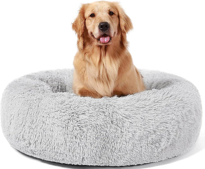 HACHIKITTY Calming Donut Cuddler Dog Bed, round Fluffy Pet Bed with Sewn-In Cushion for Large Dogs,Washable, Large, Taupe, 30''15