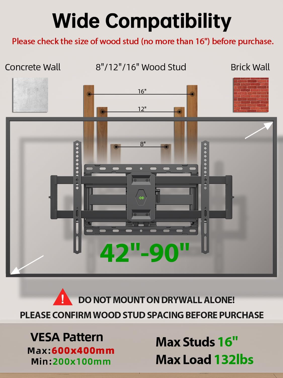 full-motion-tv-wall-mount-for-most-42-90-inch-flat-screen-led-4k-tv-mount-bracket-dual-swivel-articulating-tilt-6-arms-max-16-wood-studs-vesa-600x400mm-holds-up-to-132lbs