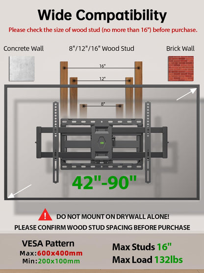 Full Motion TV Wall Mount for Most 42-90 Inch Flat Screen/Led/4K, TV Mount Bracket Dual Swivel Articulating Tilt 6 Arms, Max 16" Wood Studs, VESA 600X400Mm, Holds up to 132Lbs2