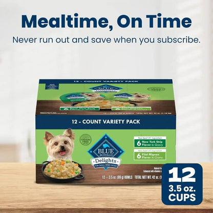 Blue Buffalo Delights Variety Pack Natural Grain Free Wet Dog Food for Small Breed Dogs (Filet Mignon Flavor & New York Strip Flavor) in Gravy with Natural Ingredients, 3.5-Oz. Each (12 Cups)10