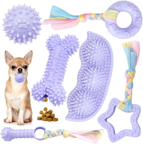 Petcare 6 Pack Puppy Chew Toys - Blue, Soft Rubber Rope & Bone Ball Teething Toys for Small Dogs & Puppies, Including Yorkie10