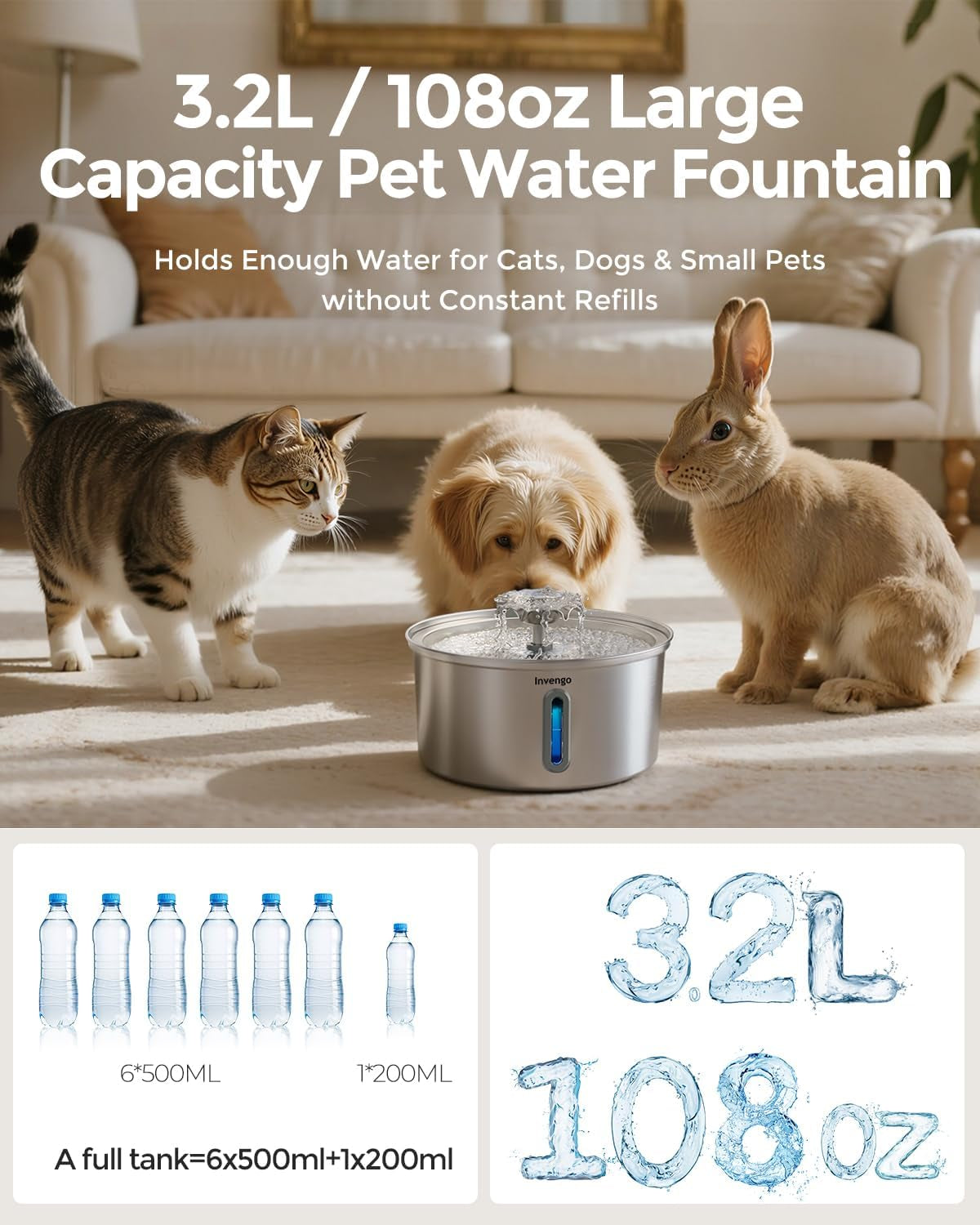 cat-water-fountain-stainless-steel-3-2l-108oz-invengo-automatic-pet-fountain-for-cats-dogs-ultra-quiet-25-db-pump-includes-4-replacement-filters-sponges-led-water-level-window-easy-to-clean