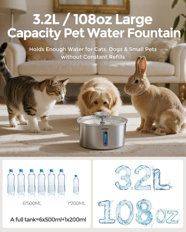 Cat Water Fountain Stainless Steel 3.2L/108Oz, Invengo Automatic Pet Fountain for Cats & Dogs, Ultra Quiet <25 Db Pump, Includes 4 Replacement Filters & Sponges, LED Water Level Window, Easy to Clean4