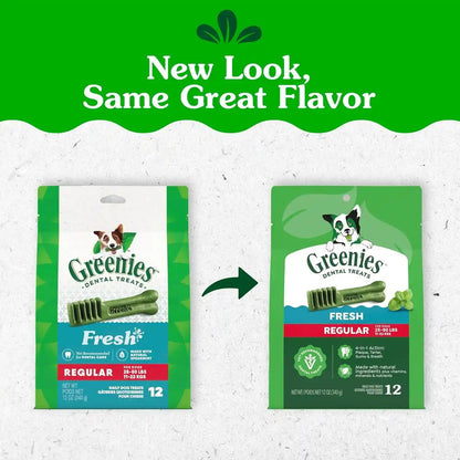 Greenies Regular Natural Dental Dog Treats, Fresh Mint Flavor, 12 Count | for Dogs 25-50 Lbs, Clinically-Proven 47% Less Tartar & 40% Less Plaque in 28 Days, Cleans to Gumline, 12 Oz. Pack2