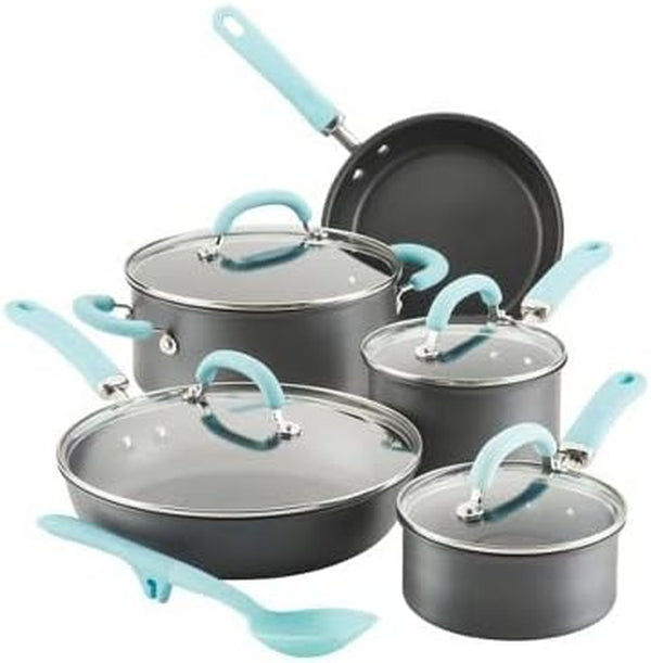 Create Delicious Hard Anodized Nonstick Cookware Induction Pots and Pans Set, 10 Piece - Gray with Light Blue Handles1