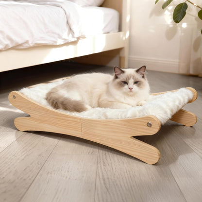 Plush Elevated Cat Bed - Cozy Raised Cat Hammock with Solid Wood Frame, Soft Furry Cushion for Indoor Cats & Small Dogs, Multi-Color Options(White)2