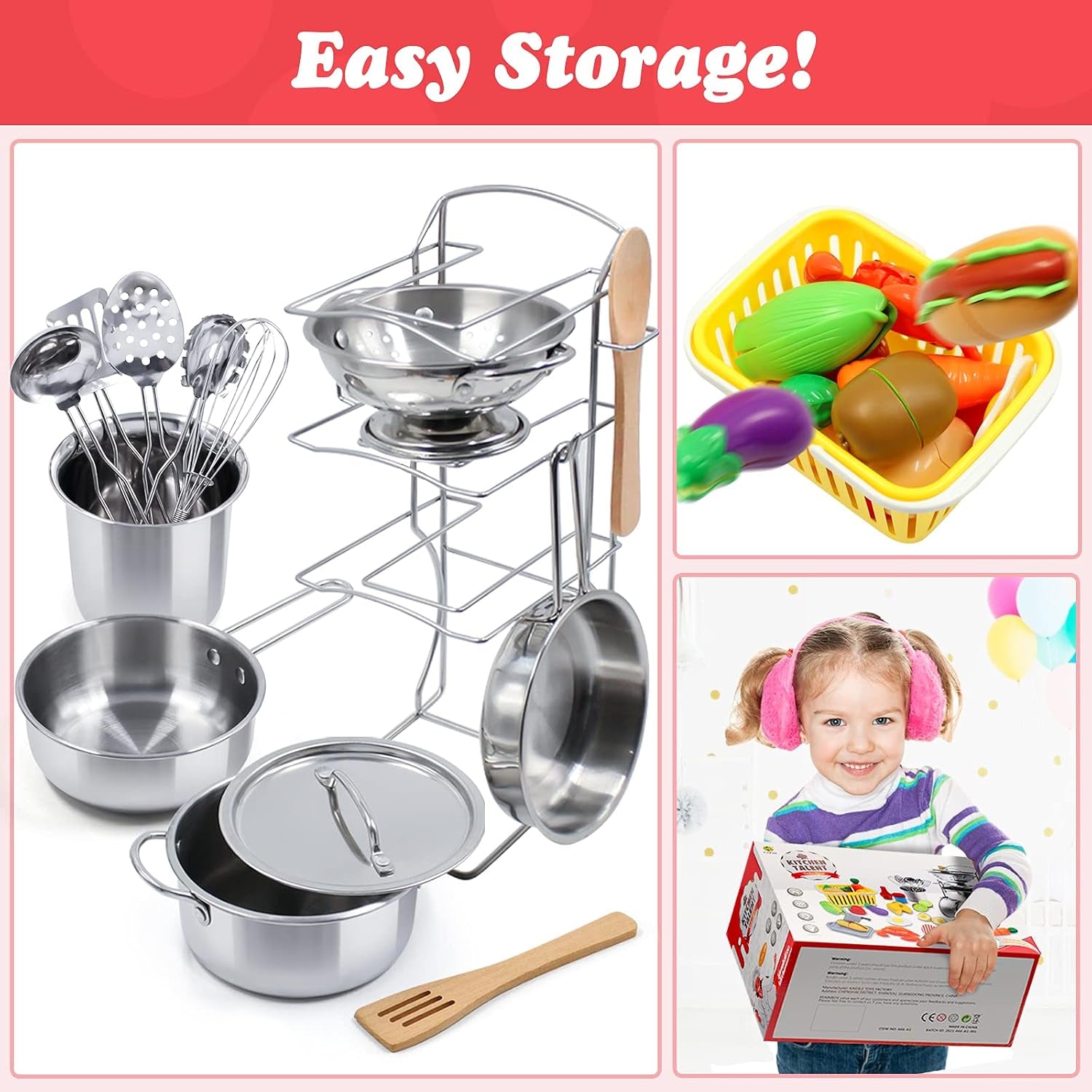 kids-pretend-play-kitchen-toys-accessories-set-32pcs-stainless-steel-toy-pots-and-pans-sets-w-rack-organizer-metal-cooking-utensils-apron-play-food-w-basket-for-kids-girls-boys-toddlers-3