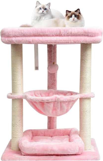 SYANDLVY Leopard Print Small Cat Tree with Top Perch, Hammock & Bottom Bed | 3 Level, Natural Sisal Scratching Post Tower with Hanging Bell Ball and Anti-Tip Strap, Stable Indoor Cat Furniture9