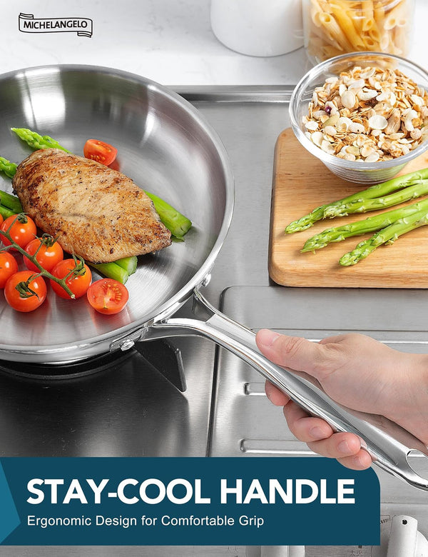 18/10 Stainless Steel Frying Pan Set, 8" / 9.5" / 11" Cooking Pans, Triply Base Stainless Steel Pan Set with Ergonomic Handle, Induction Compatible | 18/10 Stainless Steel Frying Pan Set with 3 Sizes and Triply Base for Even Heating, Versatile Everyday Cooking7
