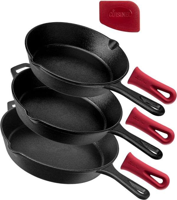 Cast Iron Skillet Set - 8" + 10" + 12"-Inch Pre-Seasoned Frying Pans + Silicone Handle Grip Covers - Indoor/Outdoor, Oven, Grill, Stove, BBQ, Fire, Induction Safe Kitchen and Camping Cookware1