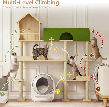 60'' Cat Tree for Automatic Litter Box, for Heavy Cats up to 22Lbs | Solid Wood Large Cat Tower with Tunnel & House, Space-Saving for Indoor Multi-Pet Households, Stops Furniture Scratching7