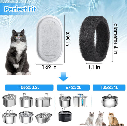 40 Pack Cat Water Fountain Filters-Cat Fountain Replacement Filters for Stainless Steel 108/3.2L& 67Oz/2L Adjustable Water Flow Pet Water Fountain(20 Pack Pet Water Filter Refills+20 Pack Sponges)2