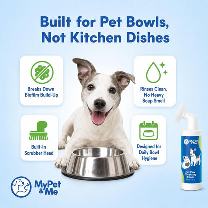 My Pet & Me Pet Bowl Cleaner Mousse with Built-In Scrub Brush, Foaming Dog & Cat Bowl Cleaner for Food & Water Dishes, Toys & Fountains, Removes Grease, Odor & Biofilm, Food-Grade, 4.05 Oz5