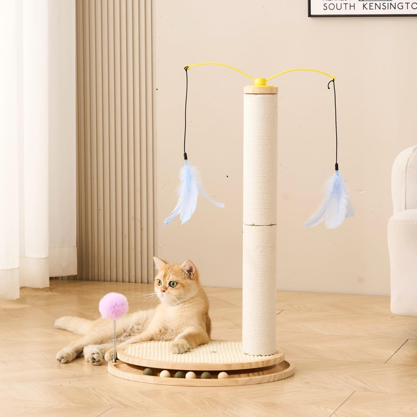 shengocase-cat-tree-scratching-post-scratcher-26-inch-tall-solid-wood-base-sisal-rope-interactive-ball-track-and-spinning-wand-feather-toys-scratch-pad
