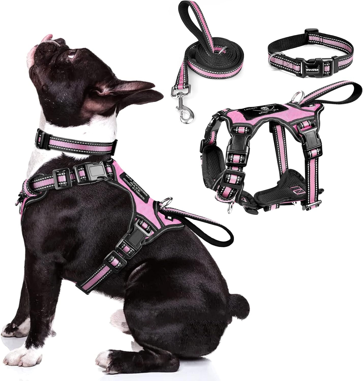 winsee-pet-harness-collar-and-leash-set-all-in-one-reflective-dog-harness-no-pull-with-adjustable-buckles-for-puppies-small-medium-large-and-extra-large-dogs-large-pink