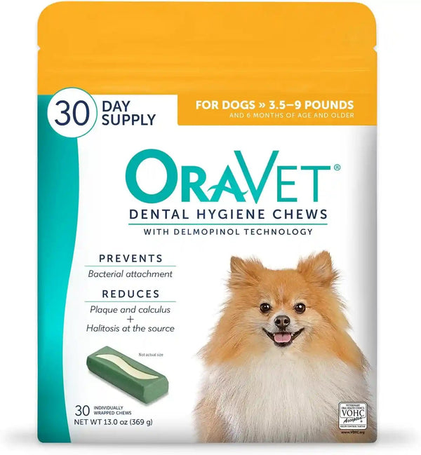 Oravet Dental Chews for Dogs, Oral Care and Hygiene Chews (Extra Small Dogs, 3.5-9 Lbs.) Yellow Pouch, 30 Count | Vohc-Accepted Dual-Action Chew Reduces Plaque & Tartar, Freshens Breath Barrier Vet-Recommended Yellow 30 Pack1