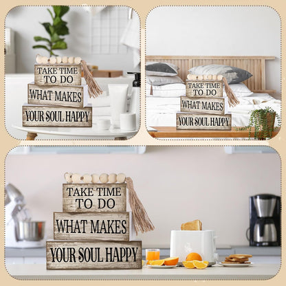 4 Pcs Farmhouse Tabletop Decoration Inspirational Tiered Tray Decor | Rustic Wooden Block Sign Take Time to Do What Makes Your Soul Happy Blocks with Beads Tassel,Home Shelf Centerpiece5
