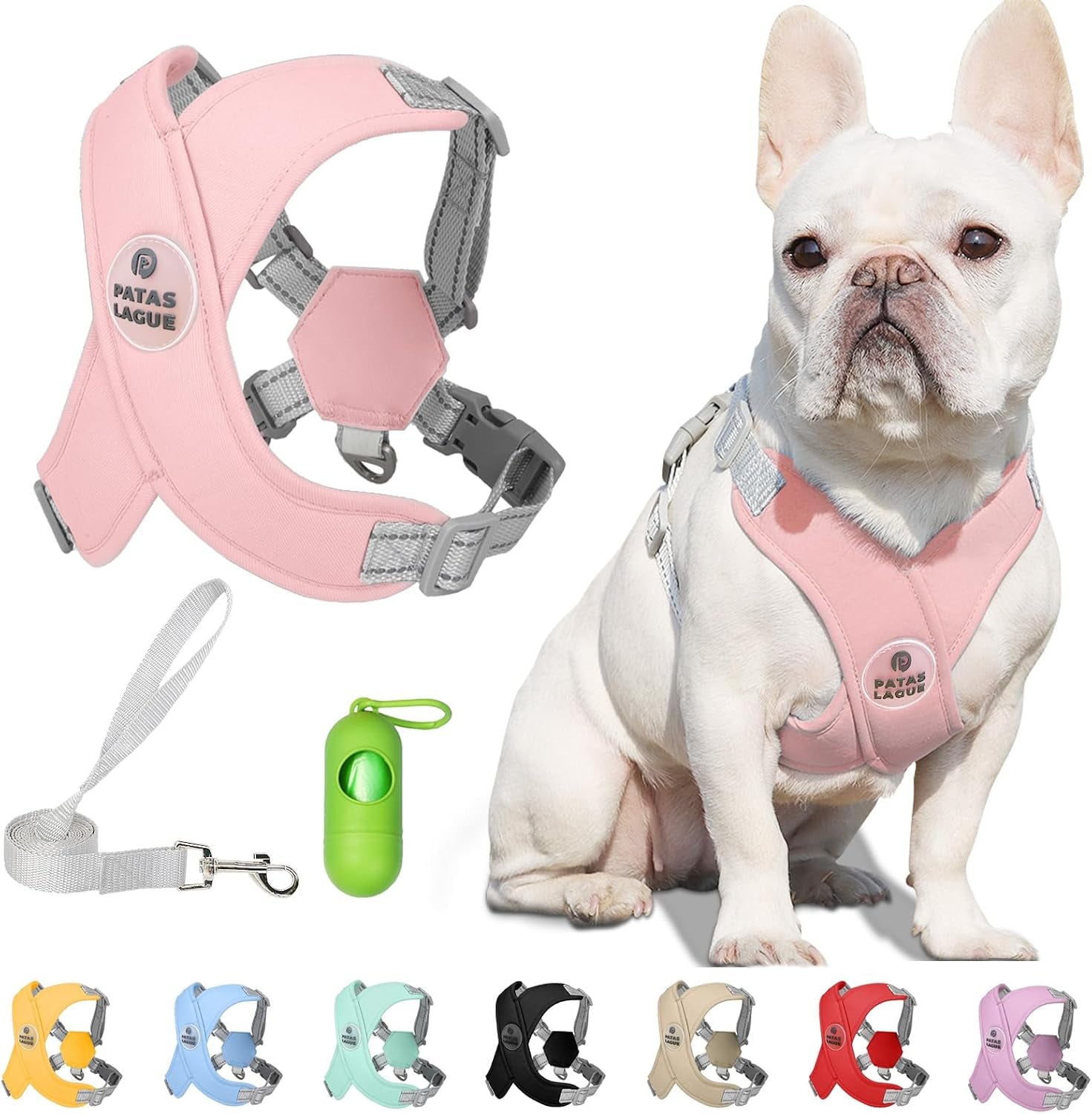 patas-lague-dog-harness-with-leash-set-adjustable-soft-padded-step-in-dog-vest-no-choke-no-pull-reflective-for-small-medium-pets-with-poop-bags-and-dispenser-solid-and-no-chew-pink-m