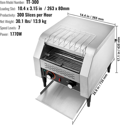 Commercial Conveyor Toaster, 300 Slices/Hour Conveyor Belt Toaster, Heavy Duty Stainless Steel Commercial Toaster Oven for Toast Bun, Bagel, Bread7