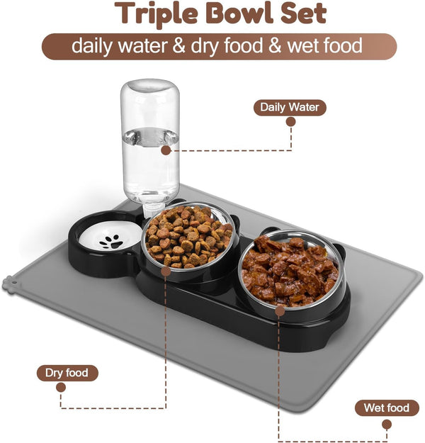 Cat Food and Water Bowl Set, Stainless Steel Raised Cat Bowls with Automatic Water Bottle & Waterproof Mat for Cats/Puppies, 3 in 1 Pet Feeding Station for Wet/Dry Food, Black6