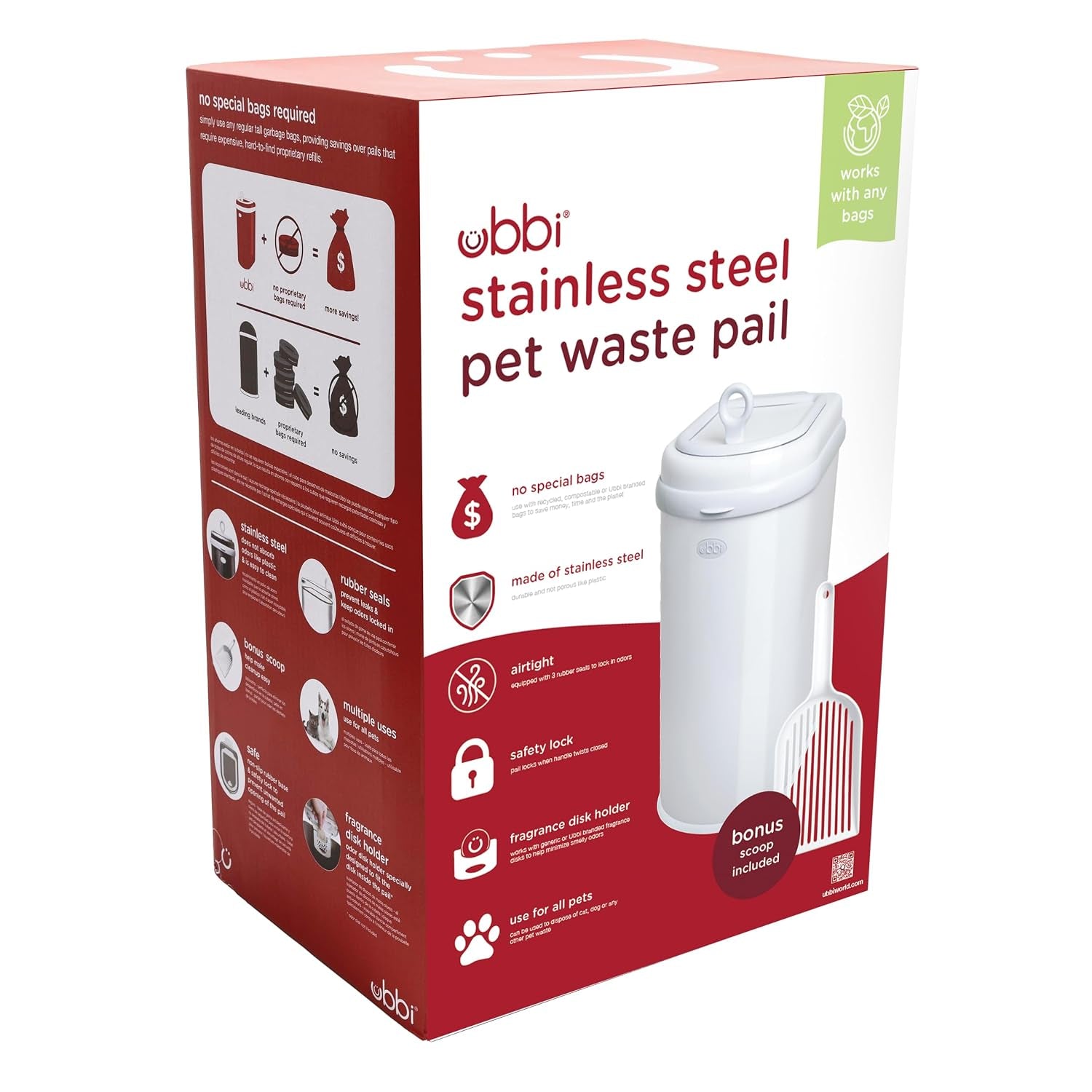 ubbi-pet-waste-pail-white-odor-locking-cat-litter-disposal-system-stainless-steel-pet-waste-can-with-safety-lock-scoop-no-special-bags-required