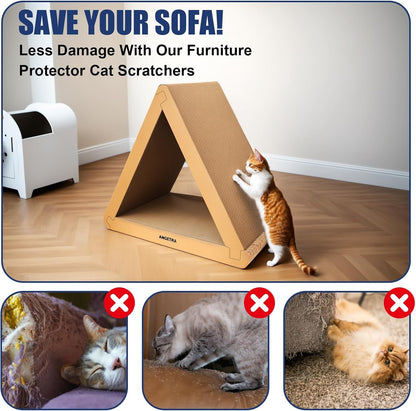 3 Pack Cardboard Cat Scratcher & Scratch Pad, Buildable Triangle Cat House W/ 6-Sided Use, Furniture Protection for Indoor Cats5