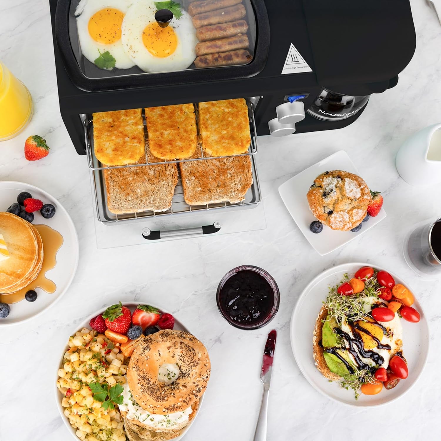 3-in-1-retro-breakfast-station-includes-5-4-oz-cup-coffee-maker-non-stick-ceramic-griddle-and-4-slice-toaster-oven-built-in-timer-reusable-coffee-filter-space-saving-design-black