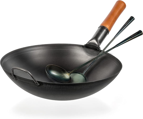 Black Carbon Steel Wok Pan 14" (Round Bottom) with Pre-Seasoned Utensils Set - Blue Carbon Steel 17-Inch Wok Spatula, Ladle, 3 Pairs of Chopsticks1