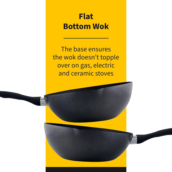 Stir Fry Wok 12" Aluminum Nonstick Pan with Soft Touch Handle and Flat Bottom, Black3