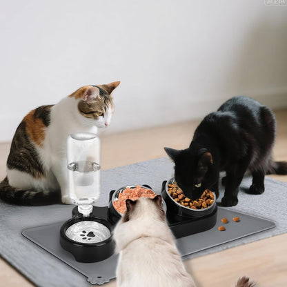 Cat Food and Water Bowl Set, Stainless Steel Raised Cat Bowls with Automatic Water Bottle & Waterproof Mat for Cats/Puppies, 3 in 1 Pet Feeding Station for Wet/Dry Food, Black7