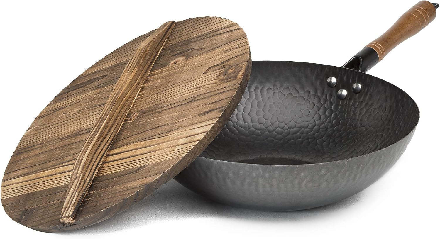hammered-carbon-steel-13-inch-wok-pan-with-lid-black-non-stick-compatible-with-most-cooktops