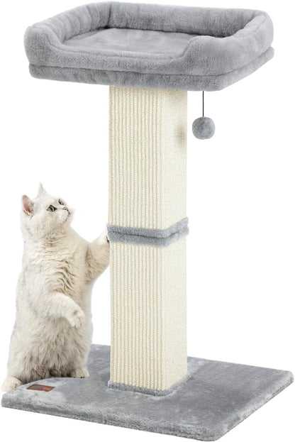 Karolpar 32" Cat Scratching Post for Indoor Cats, Sisal Cat Scratcher with Plush Perch, Large Scratch Post with Bed, Removable Cover, Sisal Fabric,Light Grey | Natural Sisal Cat Scratcher Tower, Large Scratch Post with Bed, Cat Tree with Removable Cover1