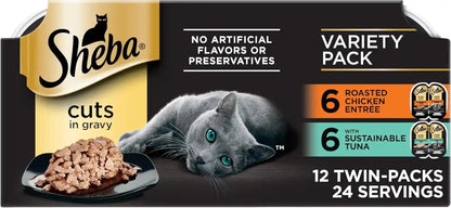 Sheba Perfect Portions Cuts Wet Cat Food, Multipack, 2.6 Oz, 24 Ct | Grain-Free, Chicken, Salmon & Turkey Flavors, Protein-Rich, No Corn or Soy, Essential Vitamins & Minerals, Twin-Pack Trays11