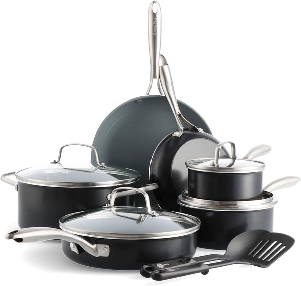 12 Piece Nonstick Swift Cookware Set, Ceramic Pfas-Free Pots & Pans with Lids, Dishwasher & Oven/Broiler Safe to 600F, Kitchen Cooking Set, Sauce, Saute, Stock, Frying Pans, Gray1