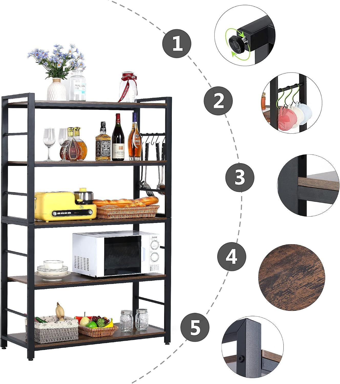 5-tiers-bakers-rack-microwave-oven-stand-with-shelves-5-tier-utility-storage-shelf-with-5-hooks-multifunctional-shelf-for-kitchen-bathroom-livingroom-storehouse