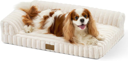 COZY KISS Ultra Soft Faux Rabbit Fur Dog Bed for Medium Dogs – 36"X27" Orthopedic Foam Couch, Removable Washable Cover & Waterproof Lining, Cream23