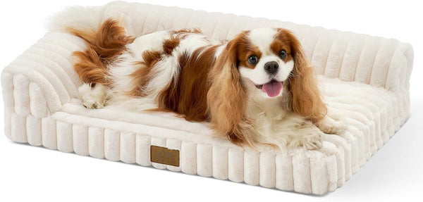 COZY KISS Ultra Soft Faux Rabbit Fur Dog Bed for Medium Dogs – 36"X27" Orthopedic Foam Couch, Removable Washable Cover & Waterproof Lining, Cream23