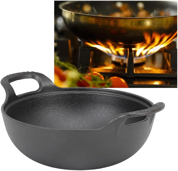 9.84 Inch Cast Iron Wok with Wooden Lid – Large-Capacity Heavy Duty Flat Base Stir Fry Pan with Dual Handles for Gas, Induction, Electric Ceramic Stoves, Even Heat(25Cm)5
