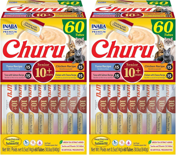 INABA Churu Senior Lickable Cat Treats, Chicken Variety, 20Ct | Senior 10+ Support, Brain Support, Immune Support, 90% Moisture, 7 Calories, Grain-Free, 20 X 0.5 Oz Tubes12