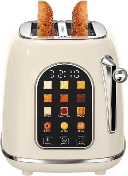 Toaster 2 Slice, Touch Screen Wide Slot Retro Toaster for Breads Bagel Muffin Waffle, House Warming Gift New Home, 120V 825W, Cream Color1