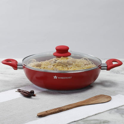 Royal Velvet Non-Stick, Pfoa-Free and Nickel-Free Aluminum Indian Chinese Cuisine Stir Fry Wok with Lid; 26Cm: Red3
