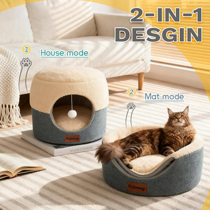 2-In-1 Foldable Cat Bed for Indoor Cats, Cat Cave & Sofa Bed | 15.7"D X 13"H, Reversible Plush & Linen Cushion,Enclosed Cat Bed, Hanging Cat Toys, Non-Slip, Small Cat House, Grey2