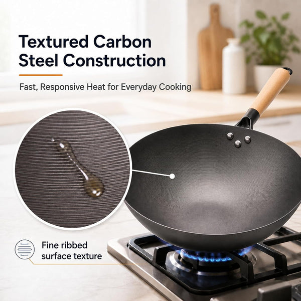 12.6" Carbon Steel Wok Pan, Flat Bottom Stir Fry Wok with Spiral Thread Interior, Coating‑Free Naturally Seasoning Wok, Compatible with Gas, Electric & Induction Cooktops3
