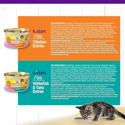 Wellness Complete Health Pate Variety Pack Kitten Canned Wet Cat Food, Natural, Protein Rich, Grain Free, Whitefish and Chicken Recipes, 3 Oz, Pack of 12 Cans8