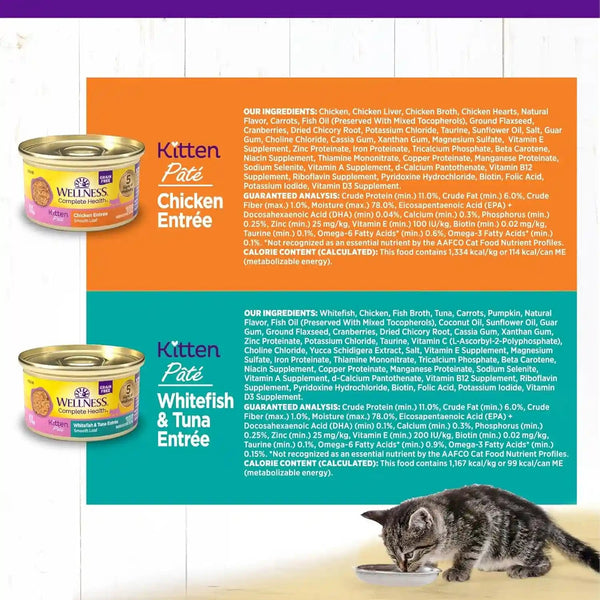 Wellness Complete Health Pate Variety Pack Kitten Canned Wet Cat Food, Natural, Protein Rich, Grain Free, Whitefish and Chicken Recipes, 3 Oz, Pack of 12 Cans8