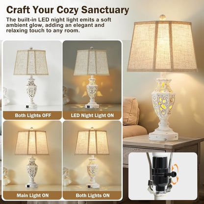 Lamps for Night Stands Set of 2-23.5" Boho Bedside Lamp with USB A+C and Nightlight - Cream Rustic Carved Resin Farmhouse Table Lamp for Bedrooms, End Tables, Living Room, Bulbs Included3