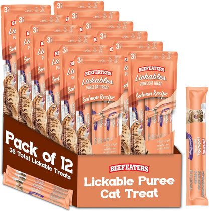 Beefeaters Lickable Cat Treats 48 Count – Puree Squeeze up Tubes Variety Pack (Salmon, Tuna & Chicken) | Grain Free, Taurine Enriched, High Moisture for Picky Eaters | Cat Treat Topper or Snack10