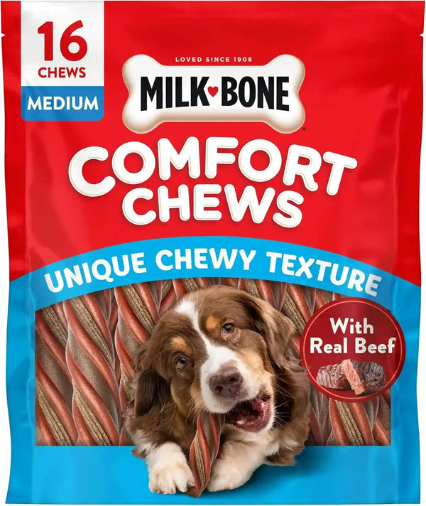 Milk-Bone Comfort Chews, Unique Chewy Texture & Real Beef, 16 Dog Chews | 40.8-Oz. Bag, for Dogs 15-75 Lbs., Rawhide-Free Dog Chews, Made with Real Beef1
