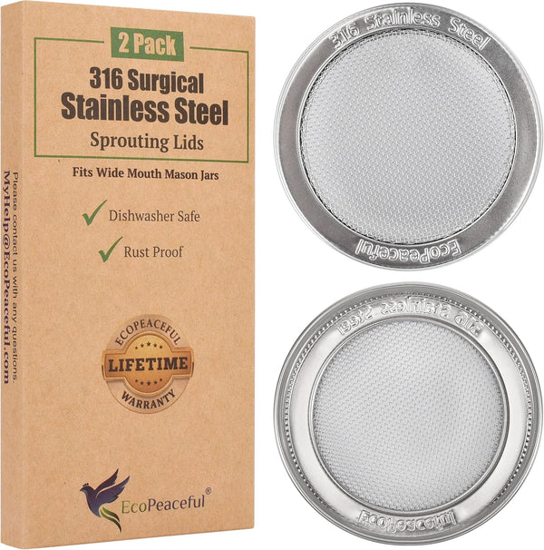 2 Pack ONE-PIECE 316 Surgical Stainless Steel Sprouting Lids for Wide Mouth Mason Jar (Ball Kerr) - One-Piece- Strainer Mesh Lids - Rust-Proof1