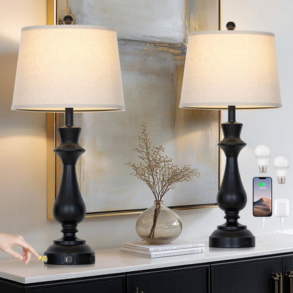 Modern Black Table Lamps Set of 2 for Living Room,30" Tall Bedside Lamp with USB Charging Port,3-Way Dimmable Touch Nightstand Lamp for Bedroom Desk Side Table Office,Black1